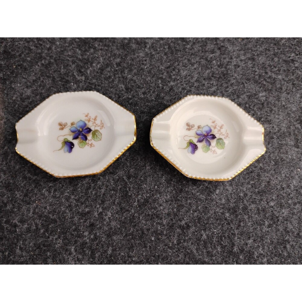 Vintage Bavaria Germany Mini Ashtray Trinket Dish Blue Floral Antique Set